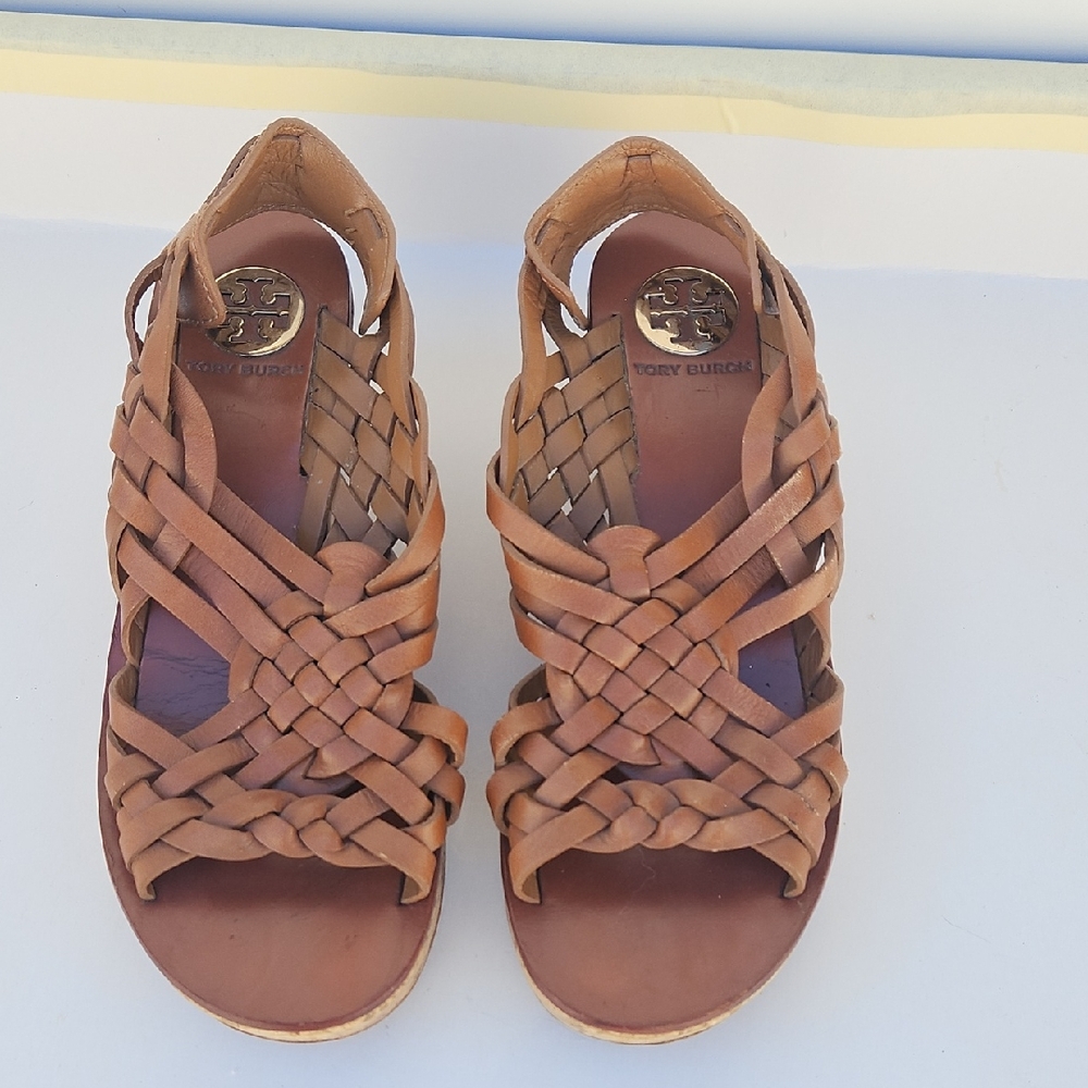 Tory Burch Tan Braided Leather Slingback Sandals